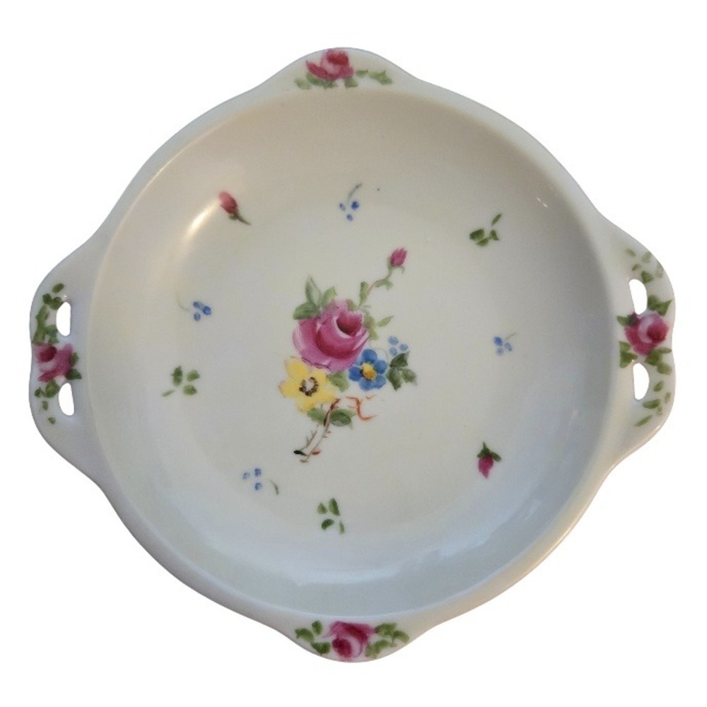 Vintage Dainty‎ Hand Painted Rose Floral Trinket Dish with Handles 1943-1944